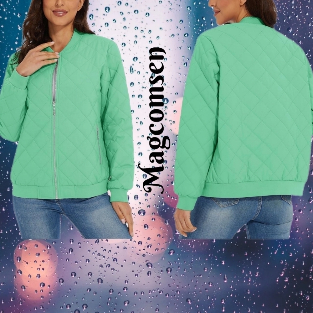 Magcomsen Jacket Womens Sz M Green Mint Quilted Bomber Windbreaker Lightweight